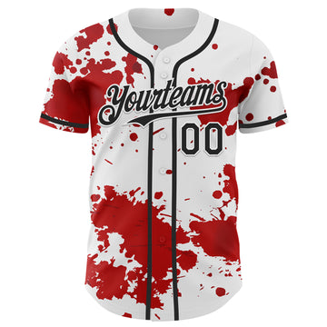 Custom White Black-Red 3D Pattern Design Rave Splash Authentic Baseball Jersey