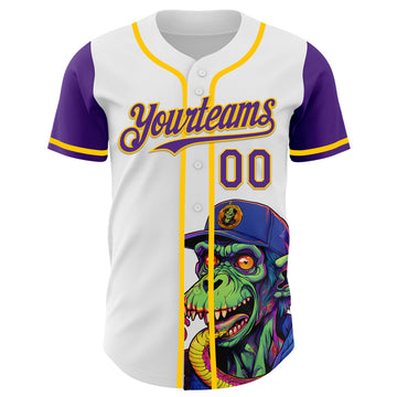 Custom White Purple-Yellow 3D Pattern Design Rave Monster Authentic Baseball Jersey