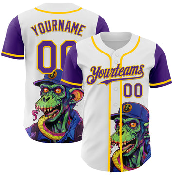 Custom White Purple-Yellow 3D Pattern Design Rave Monster Authentic Baseball Jersey