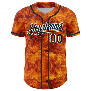 Custom Orange Black-White 3D Pattern Design Rave Flame Authentic Baseball Jersey