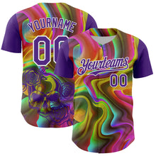 Load image into Gallery viewer, Custom Purple White 3D Pattern Design Rave Psychedelic Liquid And Skull Authentic Baseball Jersey
