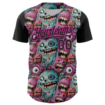 Custom Black Deep Pink 3D Pattern Design Rave Monster Authentic Baseball Jersey