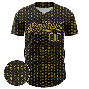 Custom Black Old Gold 3D Pattern Design Hearts Authentic Baseball Jersey