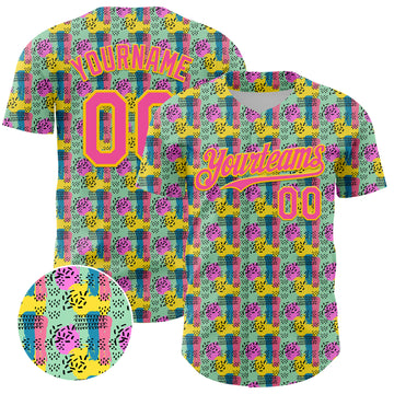 Custom Green Pink-Yellow 3D Pattern Design Color Brush Blocks Authentic Baseball Jersey