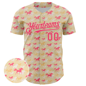 Custom Cream Neon Pink 3D Pattern Design Animal Horse Authentic Baseball Jersey