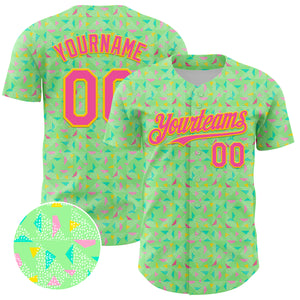 Custom Pea Green Pink-Yellow 3D Pattern Design Geometric Shape Authentic Baseball Jersey