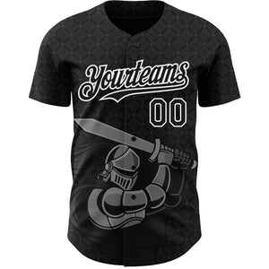 Custom Black White 3D Pattern Design Knight Hero Art Authentic Baseball Jersey