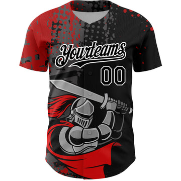 Custom Black Red-White 3D Pattern Design Knight Hero Art Authentic Baseball Jersey