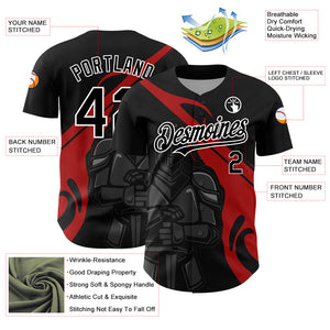 Custom Black Red-Gray 3D Pattern Design Knight Hero Art Authentic Baseball Jersey