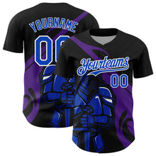 Load image into Gallery viewer, Custom Black Thunder Blue-Purple 3D Pattern Design Knight Hero Art Authentic Baseball Jersey
