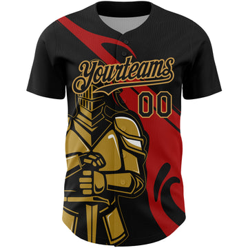 Custom Black Red-Old Gold 3D Pattern Design Knight Hero Art Authentic Baseball Jersey