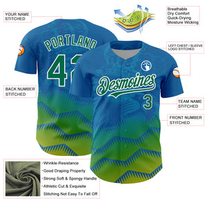 Custom Panther Blue Kelly Green-White 3D Pattern Design Animal Lion Authentic Baseball Jersey