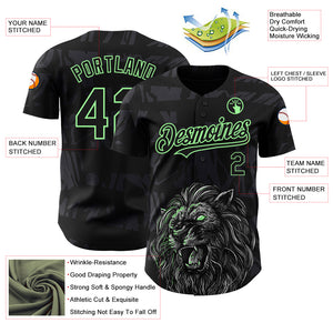 Custom Black Pea Green 3D Pattern Design Animal Lion Authentic Baseball Jersey