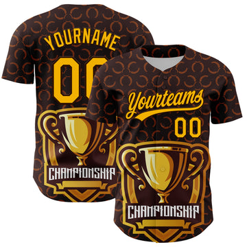 Custom Brown Gold 3D Pattern Design Champion Trophy Authentic Baseball Jersey