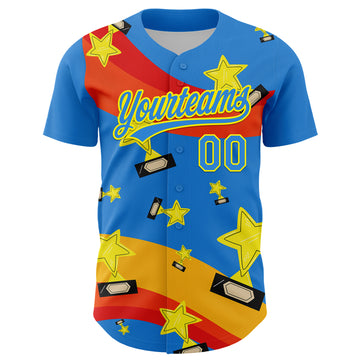 Custom Electric Blue Light Yellow 3D Pattern Design Champion Trophy Authentic Baseball Jersey