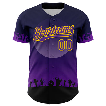 Custom Black Purple-Yellow 3D Pattern Halloween Skull Authentic Baseball Jersey