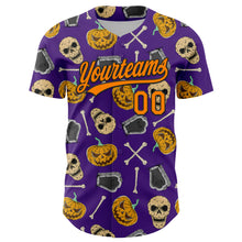 Load image into Gallery viewer, Custom Purple Bay Orange-Black 3D Pattern Halloween Skull Authentic Baseball Jersey
