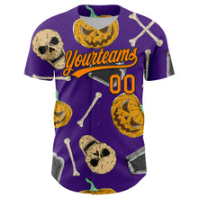 Load image into Gallery viewer, Custom Purple Bay Orange-Black 3D Pattern Halloween Skull Authentic Baseball Jersey
