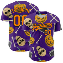 Load image into Gallery viewer, Custom Purple Bay Orange-Black 3D Pattern Halloween Skull Authentic Baseball Jersey
