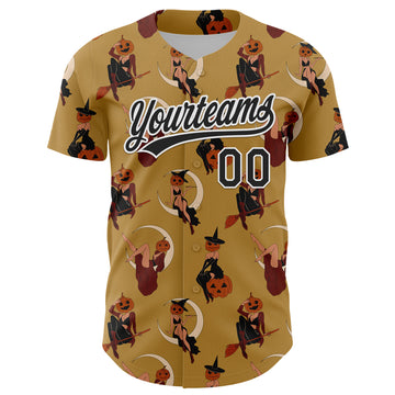 Custom Old Gold Black-White 3D Pattern Halloween Authentic Baseball Jersey