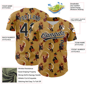 Custom Old Gold Black-White 3D Pattern Halloween Authentic Baseball Jersey