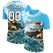 Load image into Gallery viewer, Custom Sky Blue White-Black 3D Pattern Design Fisherman Catching Fish Performance T-Shirt
