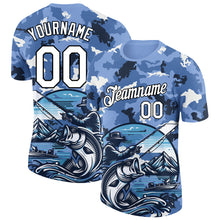 Load image into Gallery viewer, Custom Light Blue White-Black 3D Pattern Design Big Bass Fish Fishing Performance T-Shirt
