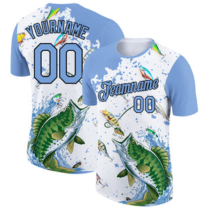 Custom White Light Blue-Black 3D Pattern Design Big Bass Fish Fishing Performance T-Shirt