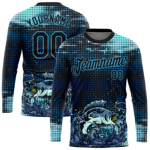 Custom Sky Blue Black 3D Pattern Design Fishing Performance T-Shirt