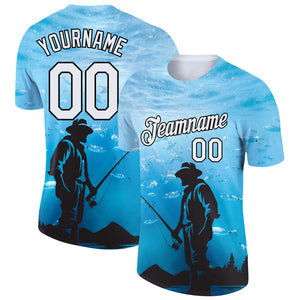 Custom Sky Blue White-Black 3D Pattern Design Fishing Performance T-Shirt