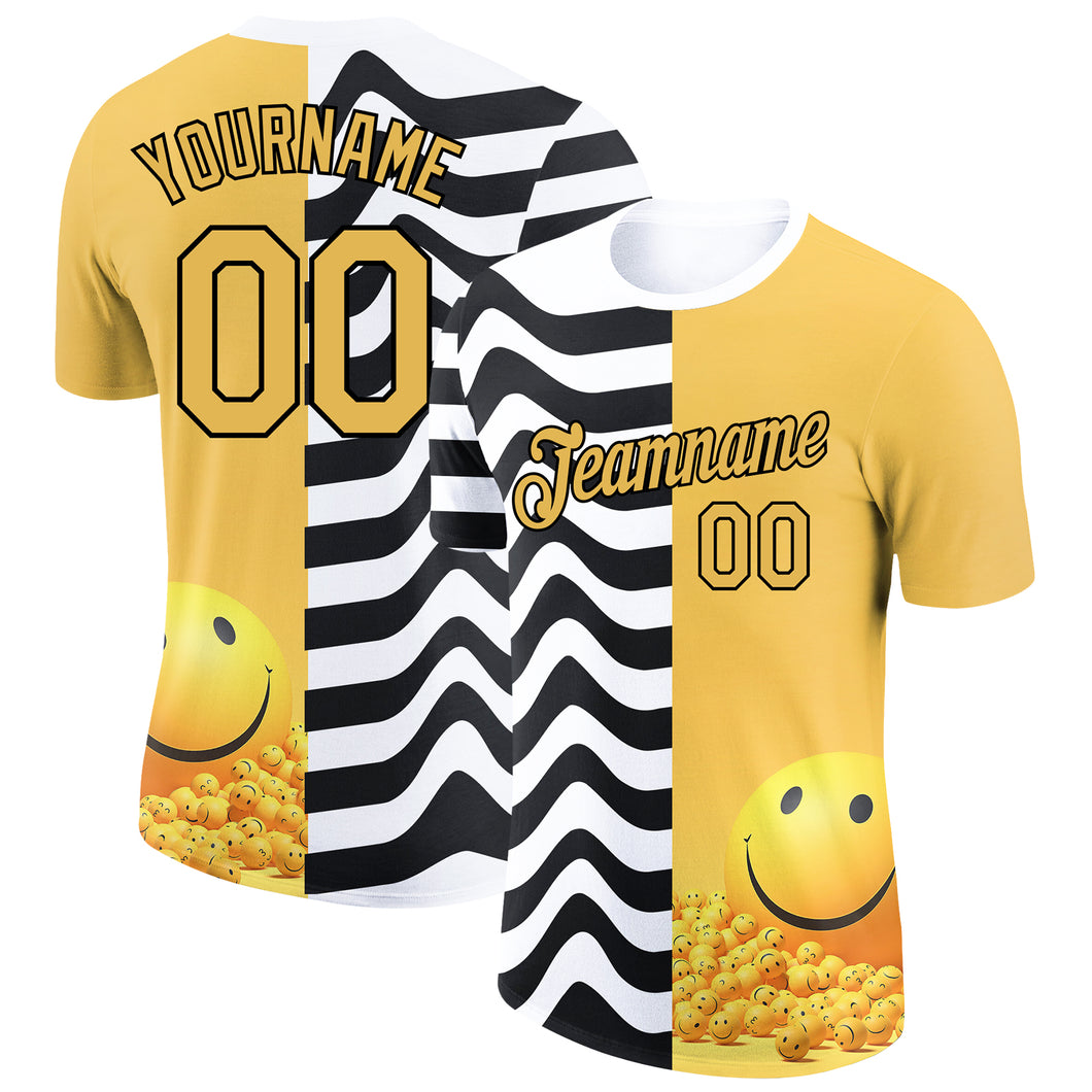 Custom Yellow Black-White 3D Pattern Design Smile Emoji Performance T-Shirt