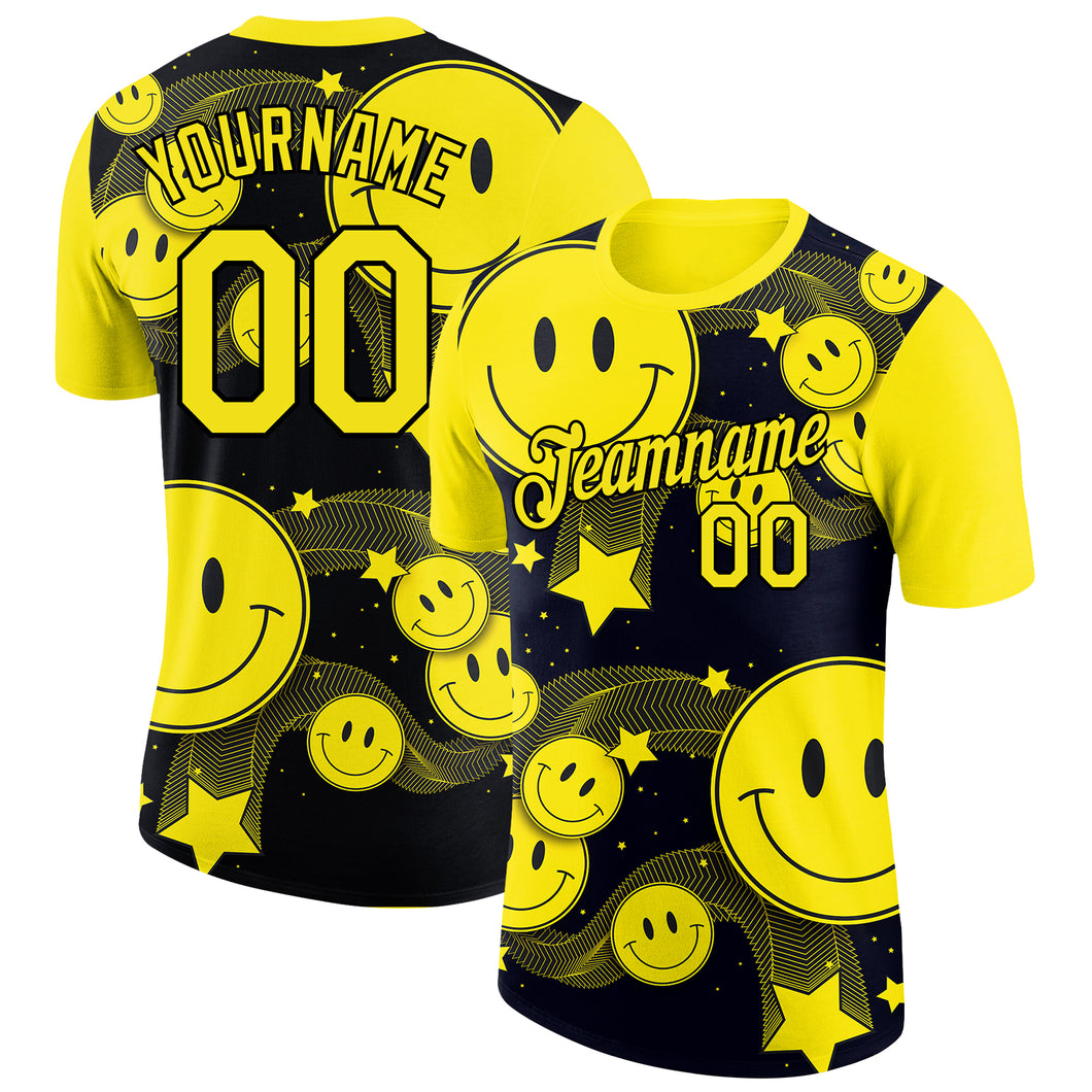 Custom Black Light Yellow 3D Pattern Design Smile Emoji Performance T-Shirt