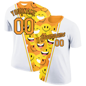 Custom White Bay Orange-Black 3D Pattern Design Smile Emoji Performance T-Shirt