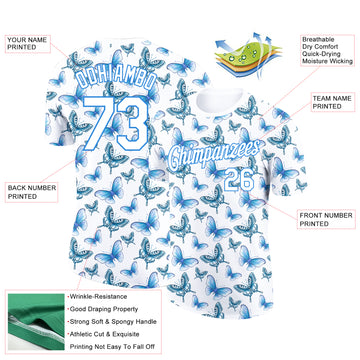 Custom White Powder Blue 3D Pattern Design Butterfly Performance T-Shirt