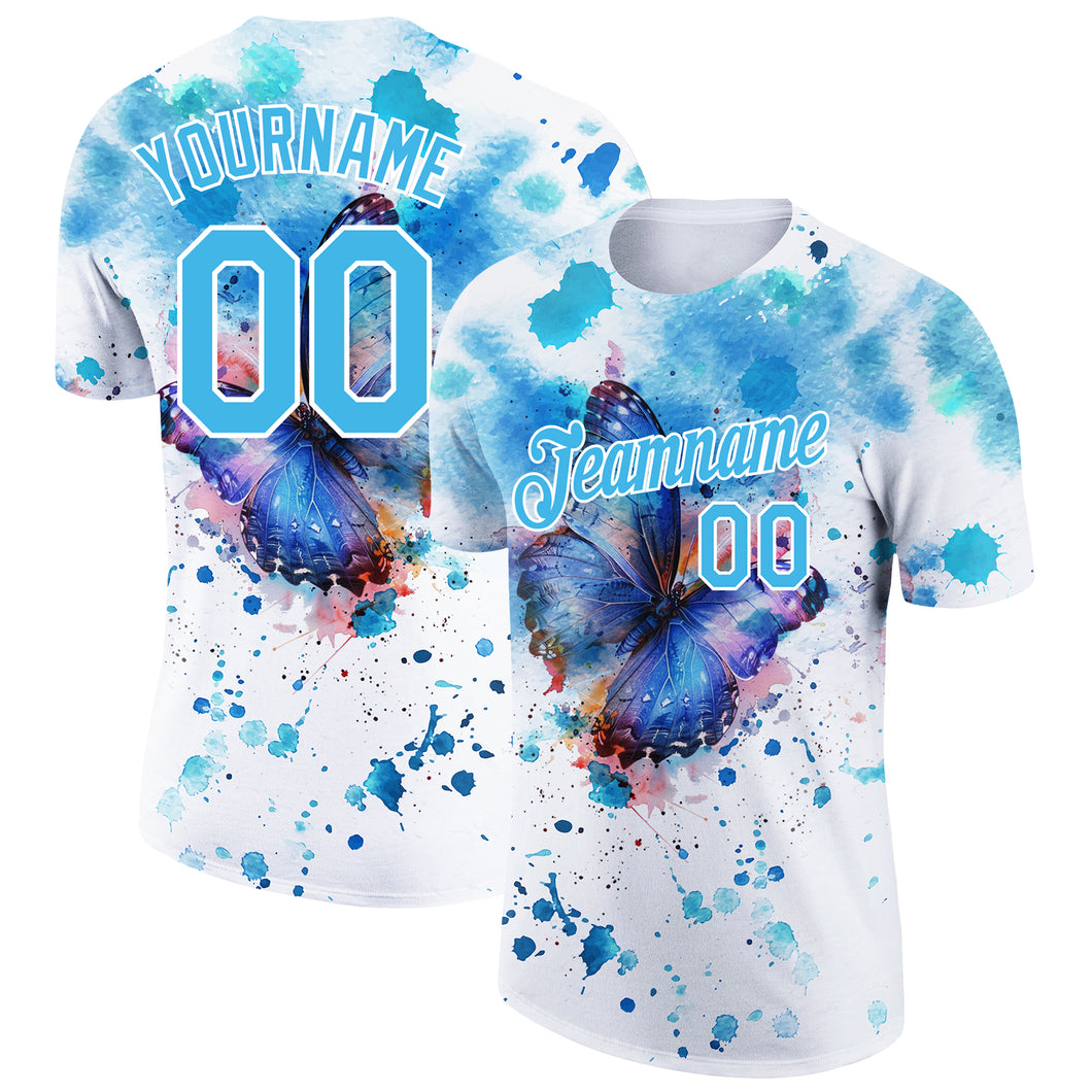 Custom White Sky Blue 3D Pattern Design Butterfly And Watercolor Splash Performance T-Shirt