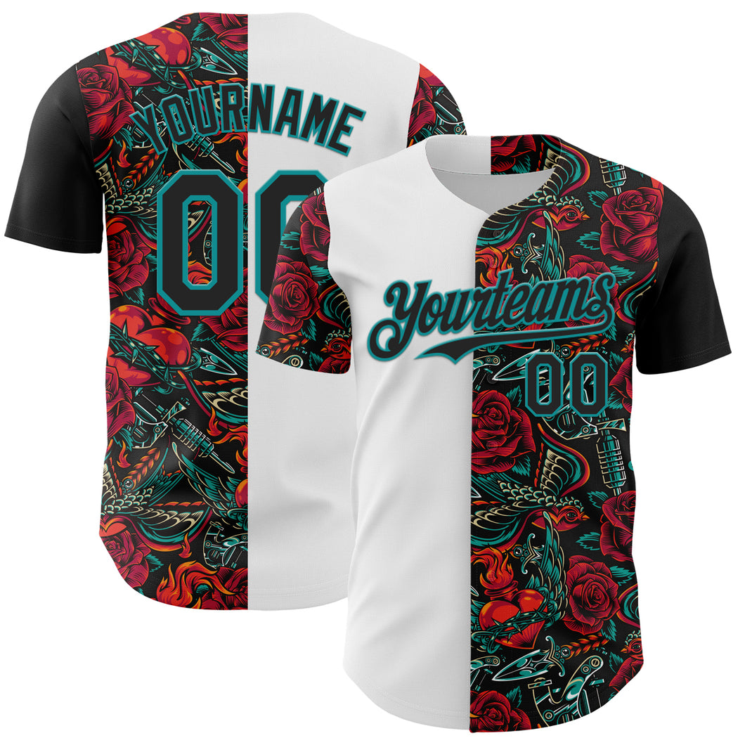 Custom White Black-Teal 3D Pattern Design Vintage Tattoos Authentic Baseball Jersey