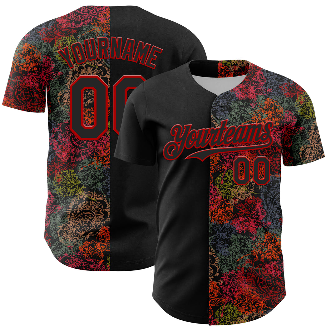 Custom Black Red 3D Pattern Design Vintage Tattoos Authentic Baseball Jersey