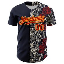 Load image into Gallery viewer, Custom Navy Red-Gold 3D Pattern Design Vintage Tattoos Authentic Baseball Jersey
