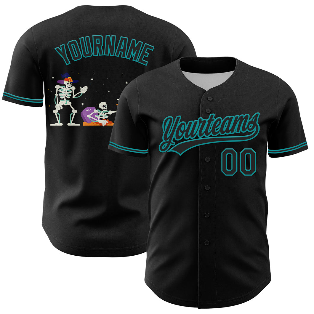 Custom Black Teal 3D Halloween Authentic Baseball Jersey