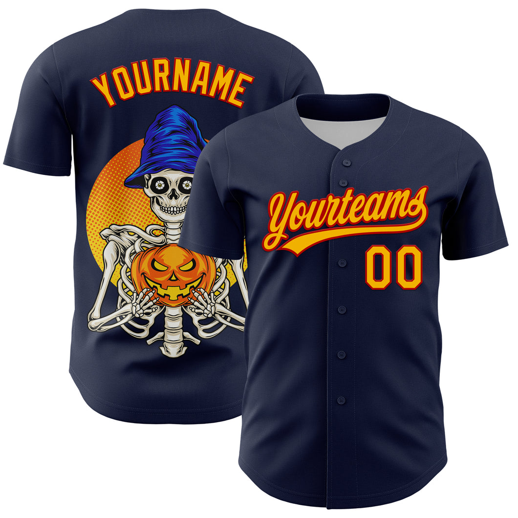 Custom Navy Gold-Red 3D Halloween Authentic Baseball Jersey