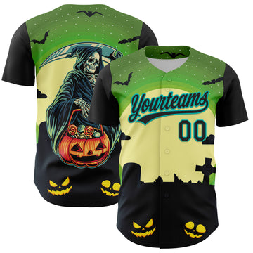 Custom Green Black-Aqua 3D Halloween Authentic Baseball Jersey