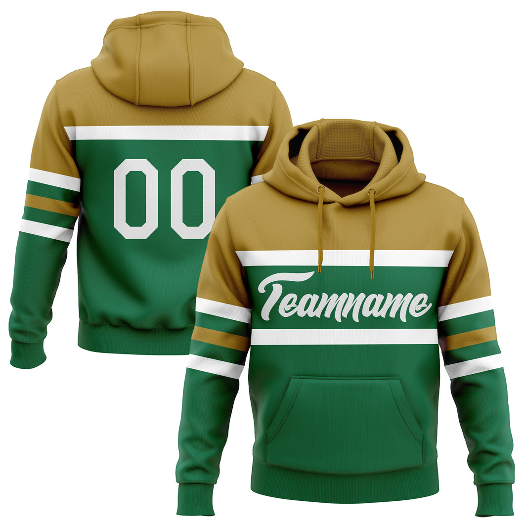 Custom Stitched Kelly Green White-Old Gold Line Sports Pullover Sweatshirt Hoodie