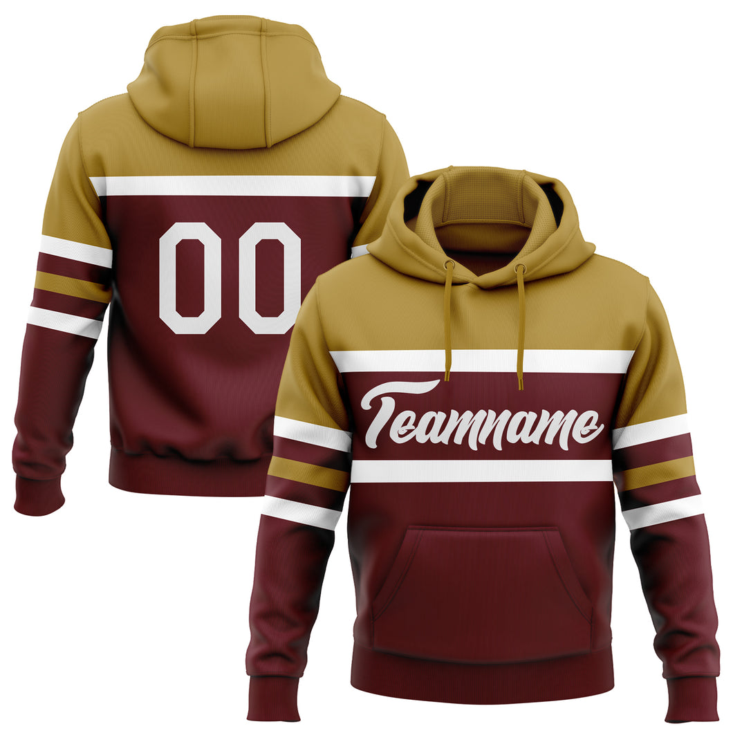 Custom Stitched Burgundy White-Old Gold Line Sports Pullover Sweatshirt Hoodie