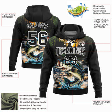 Custom Stitched Black White 3D Largemouth Bass Fish Fishing Sports Pullover Sweatshirt Hoodie