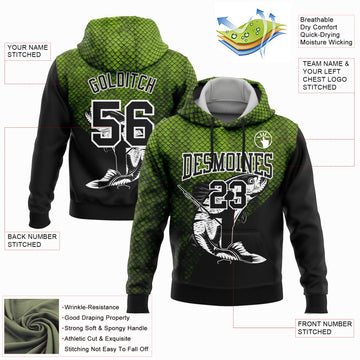 Custom Stitched Neon Green Black-White 3D Rainbow Trout Fish Fishing Sports Pullover Sweatshirt Hoodie