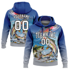 Load image into Gallery viewer, Custom Stitched Royal Light Gray-Black 3D Rainbow Trout And Largemouth Bass Fish Fishing Sports Pullover Sweatshirt Hoodie
