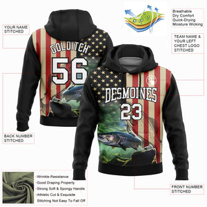 Custom Stitched Black City Cream-Red 3D American Flag And Atlantic Salmon Fish Fishing Sports Pullover Sweatshirt Hoodie