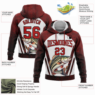 Custom Stitched Red Black-White 3D Northern Pike Fish Fishing Sports Pullover Sweatshirt Hoodie