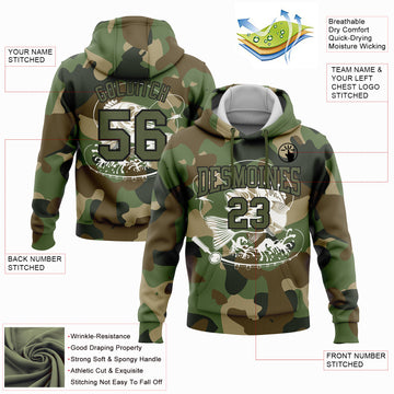 Custom Stitched Camo Olive-Black 3D Smallmouth Bass Fish Fishing Sports Pullover Sweatshirt Hoodie