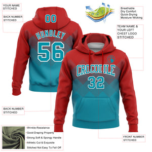 Custom Stitched Red Teal-White 3D Pattern Design Gradient Square Shape Sports Pullover Sweatshirt Hoodie